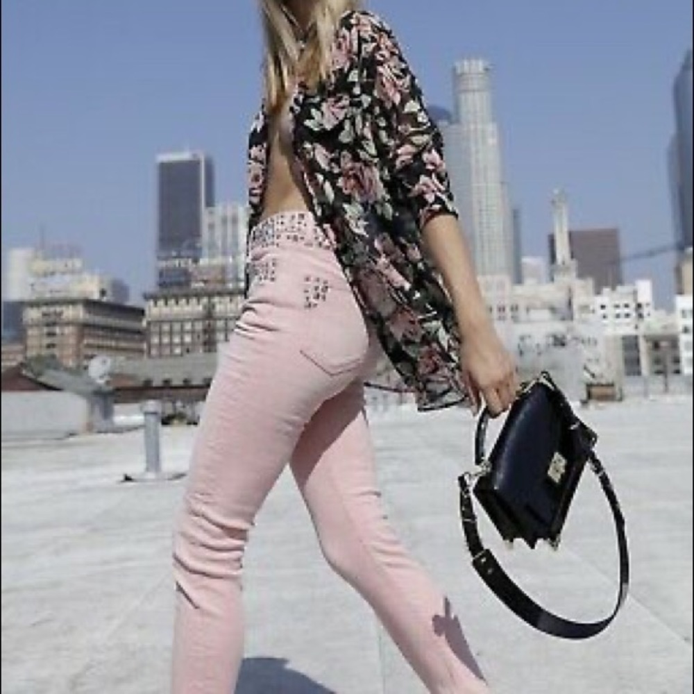 The Kooples Jeans Lizy Pink Studded High Rise Crop Ankle Slim Distress Jeans 26
